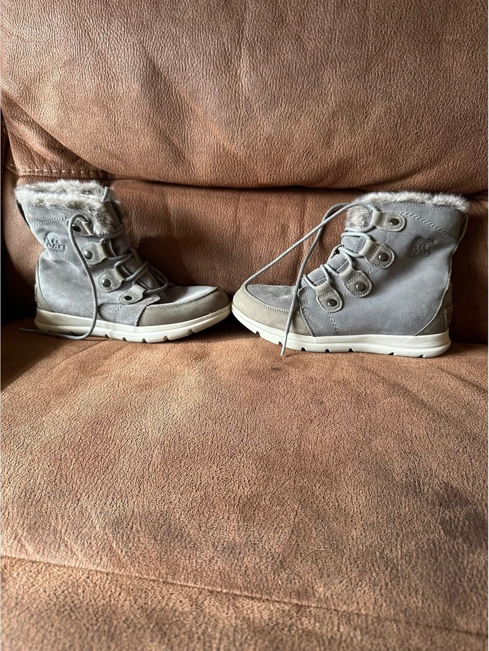 Sorel Explorer Joan Waterproof Winter Boots Grey Suede Faux Fur Women's 7.5